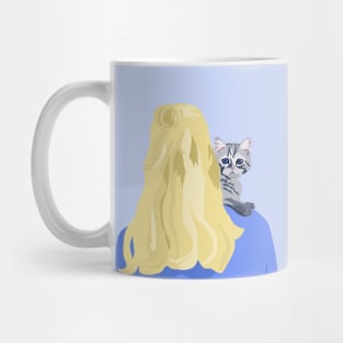 Blonde woman with cat on her shoulder Mug
